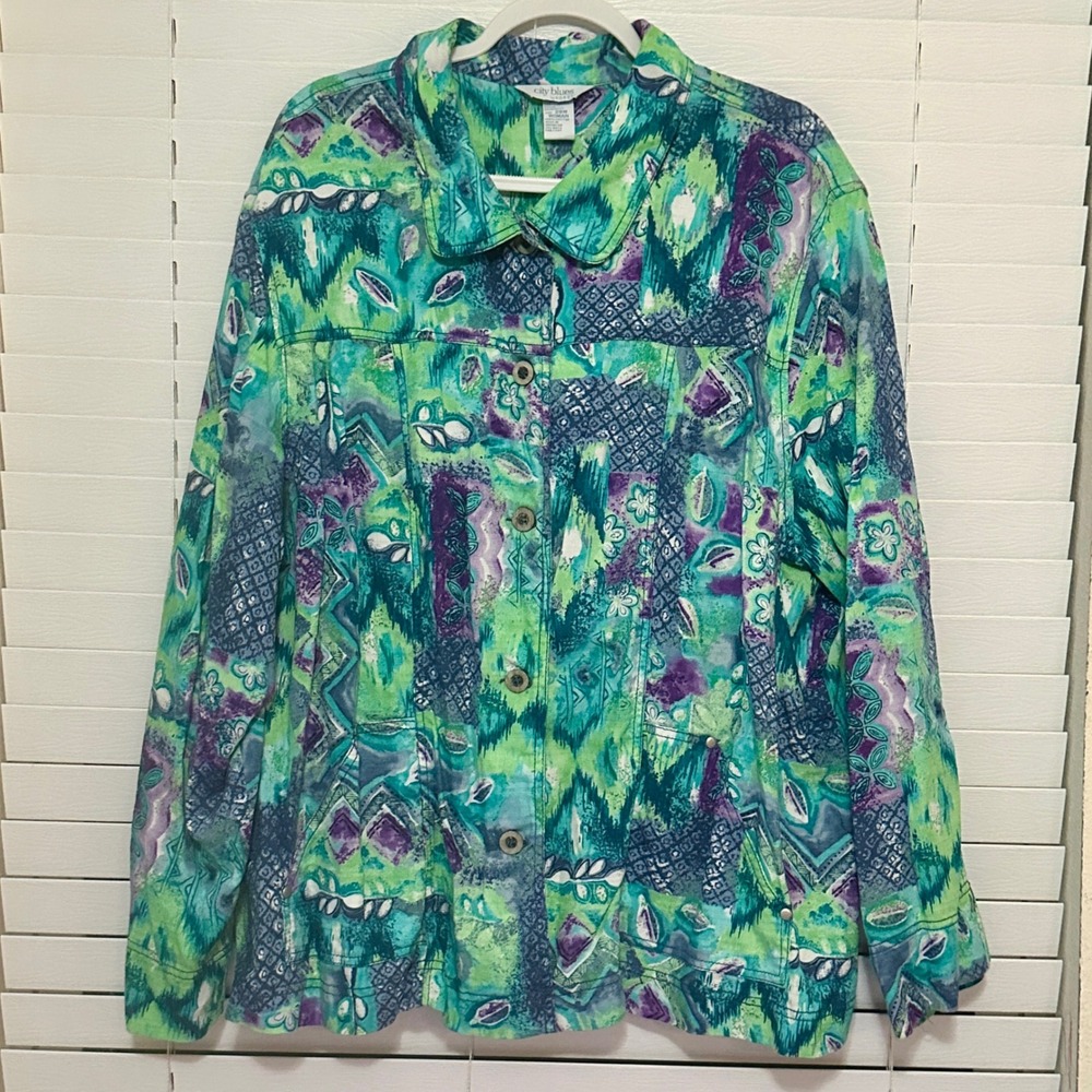 City Blues by Koret Women 28W Abstract Patchwork Cotton Jacket Green Purple